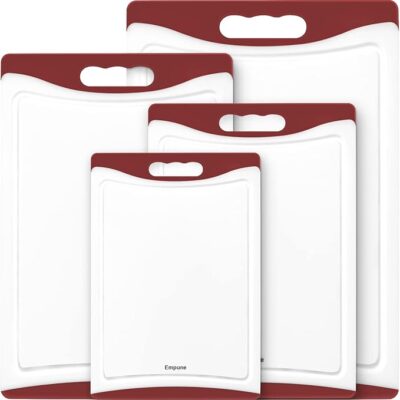 Extra Large Cutting Boards, Plastic Cutting Boards for Kitchen (Set of 4) Cutting Board Set Dishwasher Chopping Board with Juice Grooves Easy-Grip Handles, Red, Empune