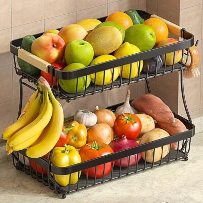 2 Tier Large Fruit Basket for Kitchen Counter with 2 Mobile Banana Hangers, 2025 Pro Detachable Metal Fruit Bowl with Wooden Handle, Fruit Holder for Bread Snack Veggies with Protective Mats