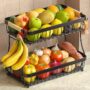 2 Tier Large Fruit Basket for Kitchen Counter with 2 Mobile Banana Hangers, 2025 Pro Detachable Metal Fruit Bowl with Wooden Handle, Fruit Holder for Bread Snack Veggies with Protective Mats